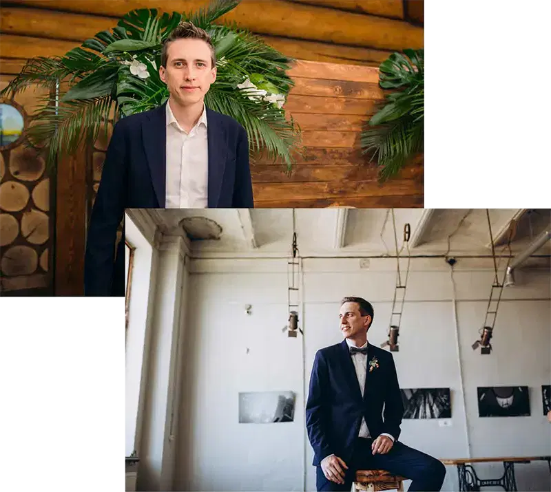 Wedding photographer Andrew Bidylo at a beautiful restaurant in Vancouver, captured in a bluish suit